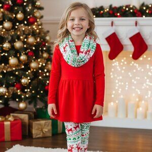 Girl's Christmas Reindeer 3 Piece Infinity Scarf Boutique Outfit